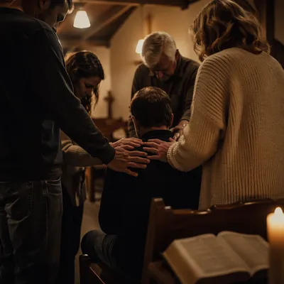 Laying Hands Prayer in Warm Church Hall