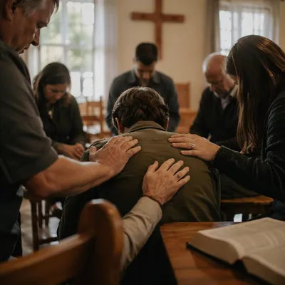 Laying Hands Prayer in Church Fellowship Room