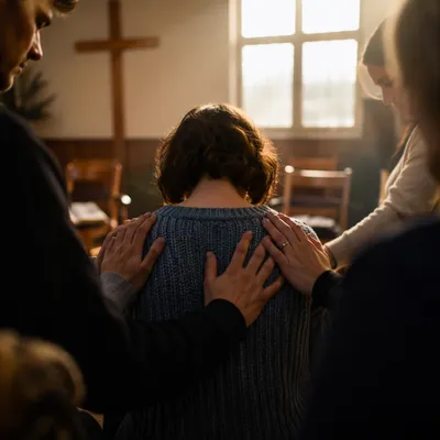 Laying Hands Prayer in Wooden Chapel