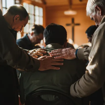 Laying Hands Prayer in Wooden Church Room