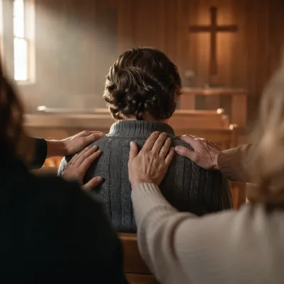 Laying Hands Prayer in Wooden Chapel