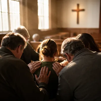 Laying Hands Prayer in Wooden Church Hall