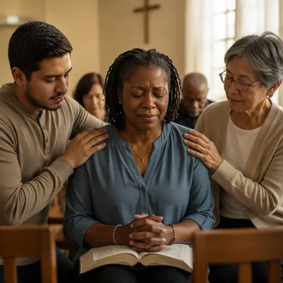 Congregants Praying Together in Sunlit Sanctuary