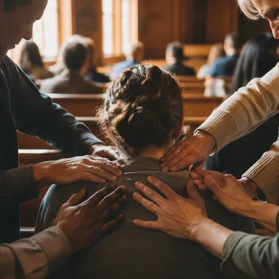 Laying Hands Prayer in Wooden Chapel
