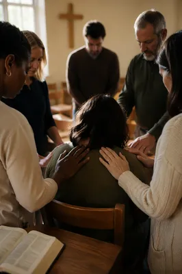 Laying Hands Prayer in Church Fellowship Room
