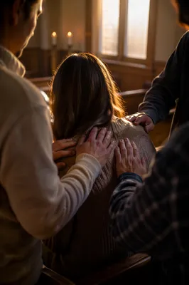 Laying Hands Prayer in Wooden Chapel