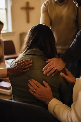Laying Hands Prayer in Church Fellowship Room