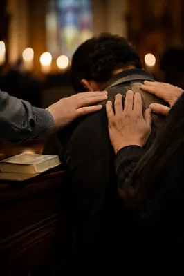 Laying Hands Prayer in Warm Church Light