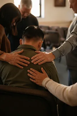 Compassionate Laying Hands Prayer in Fellowship Hall
