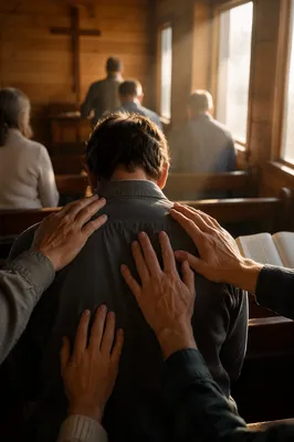 Laying Hands Prayer in Wooden Chapel