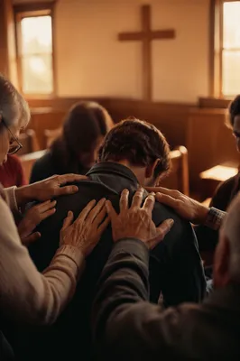 Laying Hands Prayer in Wooden Chapel