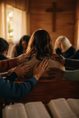 Laying Hands Prayer in Wooden Chapel