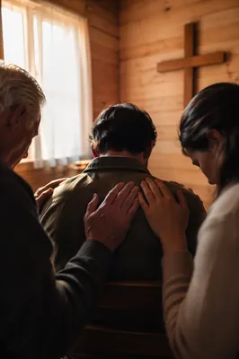 Laying Hands Prayer in Wooden Chapel