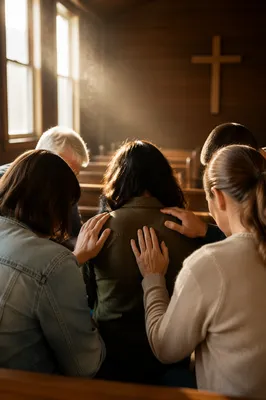 Laying Hands Prayer in Wooden Church Hall