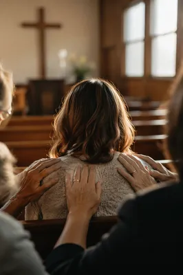 Laying Hands Prayer in Wooden Chapel