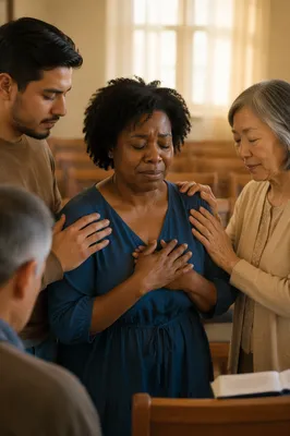Congregants Praying Together in Sunlit Sanctuary
