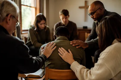 Laying Hands Prayer in Church Fellowship Room