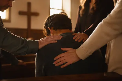 Laying Hands Prayer in Wooden Chapel