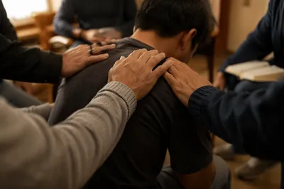 Laying Hands Prayer in Church Community Room