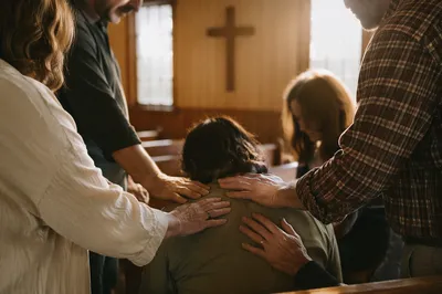 Laying Hands Prayer in Wooden Chapel