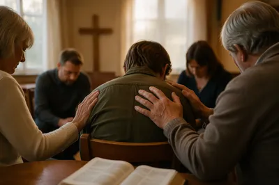 Laying Hands Prayer in Church Fellowship Room