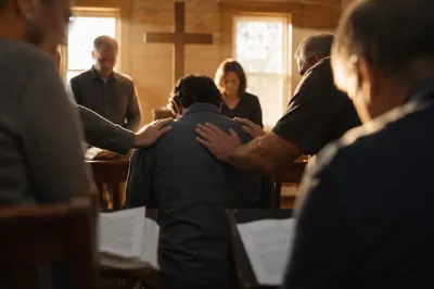Laying Hands Prayer in Wooden Chapel