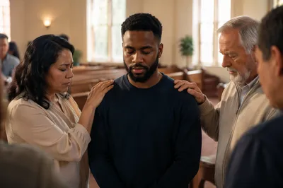 Congregants Praying Together in Church Light