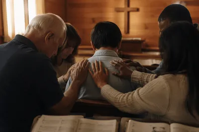 Laying Hands Prayer in Wooden Chapel