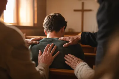 Laying Hands Prayer in Wooden Chapel