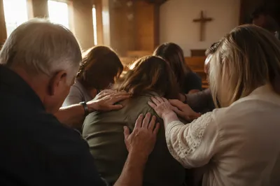 Laying Hands Prayer in Wooden Church Hall