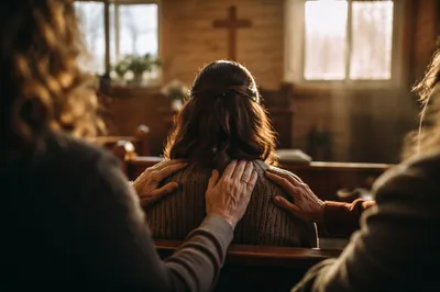 Laying Hands Prayer in Wooden Chapel