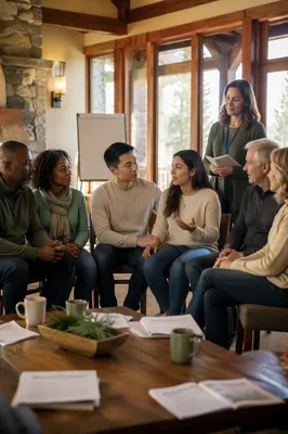 Couples Discussion in Rustic Meeting Room
