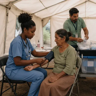 Nurse Checking Blood Pressure in Clinic Tent