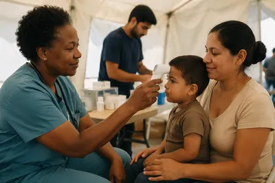 Nurse Caring for Child in Clinic Tent