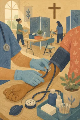 Volunteer Doctor Checking Blood Pressure at Church Clinic