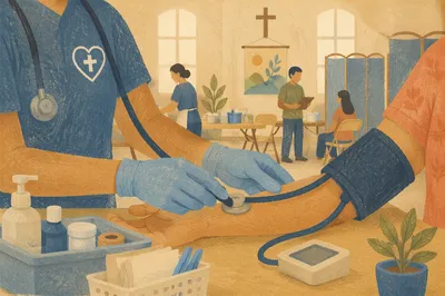 Volunteer Doctor Checking Blood Pressure at Church Clinic