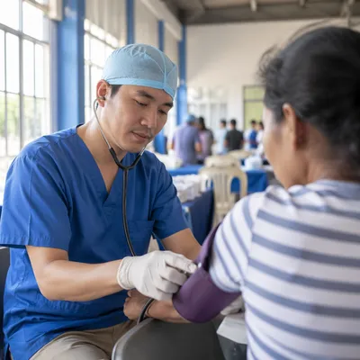 Volunteer Doctor Checking Patient Blood Pressure
