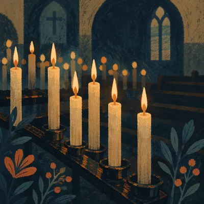 Memorial Candles Glowing in Quiet Church