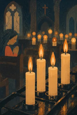 Memorial Candles Glowing in Quiet Church