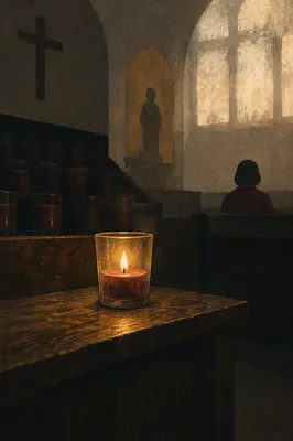 Memorial Candle Glowing in Quiet Church