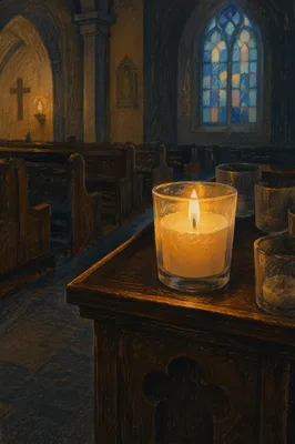 Memorial Candle in Quiet Dark Church