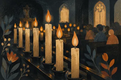 Memorial Candles Glowing in Quiet Church