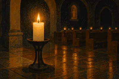 Memorial Candle Glowing in Quiet Church