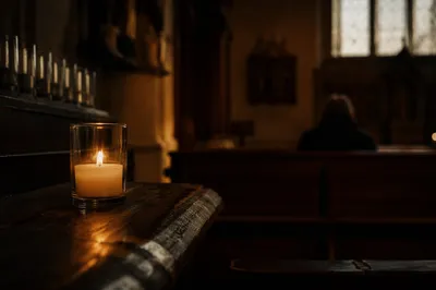 Memorial Candle Glowing in Quiet Church