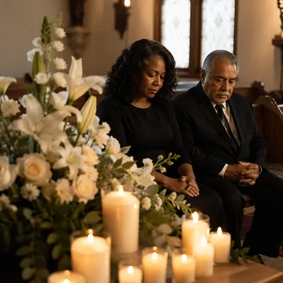 Memorial Candles and White Flowers in Church