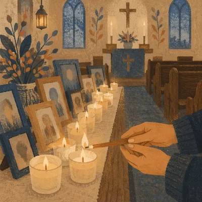 Candlelit Memorial Table in Quiet Chapel