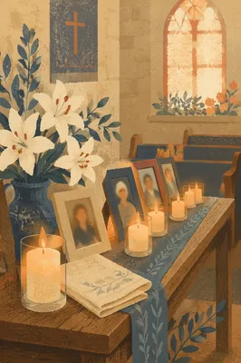 Candlelit Memorial Table in Quiet Chapel