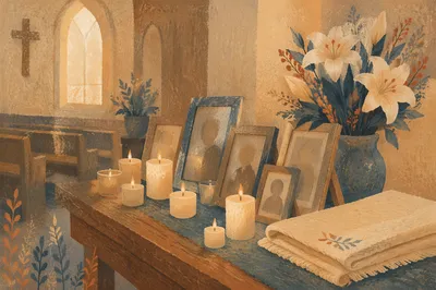 Candlelit Chapel Remembrance Table with Photos