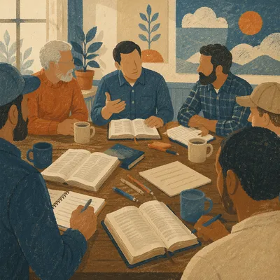 Men's Bible Study Around Wooden Table