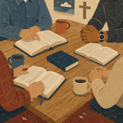 Men’s Bible Study Around Wooden Table